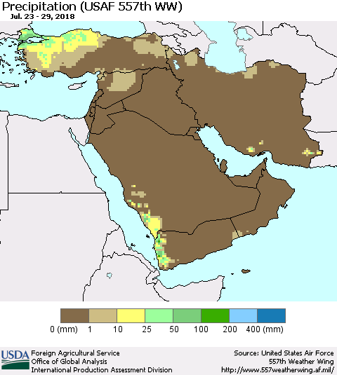 Middle East and Turkey Precipitation (USAF 557th WW) Thematic Map For 7/23/2018 - 7/29/2018
