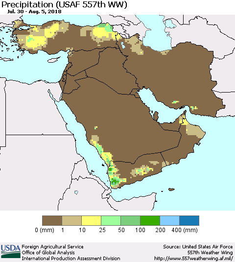 Middle East and Turkey Precipitation (USAF 557th WW) Thematic Map For 7/30/2018 - 8/5/2018