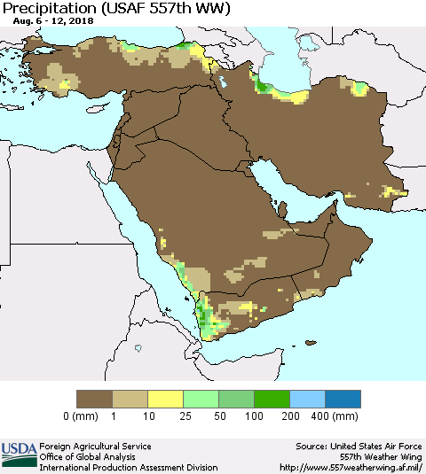 Middle East and Turkey Precipitation (USAF 557th WW) Thematic Map For 8/6/2018 - 8/12/2018