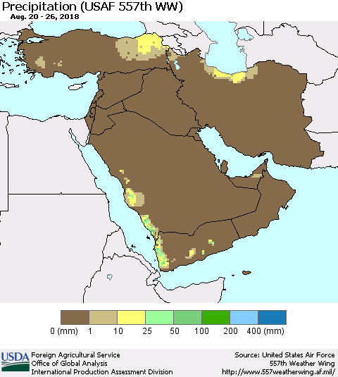 Middle East and Turkey Precipitation (USAF 557th WW) Thematic Map For 8/20/2018 - 8/26/2018