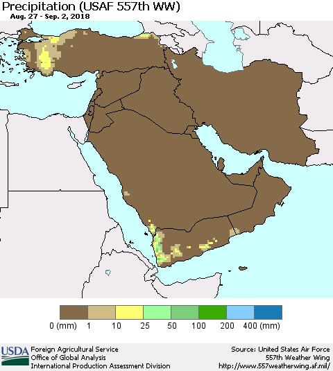 Middle East and Turkey Precipitation (USAF 557th WW) Thematic Map For 8/27/2018 - 9/2/2018