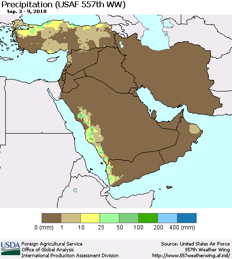 Middle East and Turkey Precipitation (USAF 557th WW) Thematic Map For 9/3/2018 - 9/9/2018