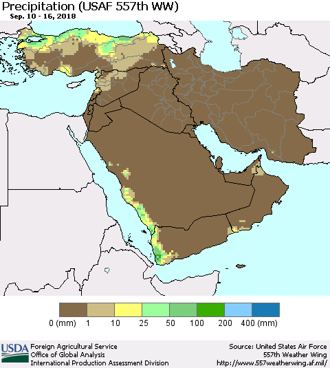 Middle East and Turkey Precipitation (USAF 557th WW) Thematic Map For 9/10/2018 - 9/16/2018