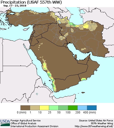 Middle East and Turkey Precipitation (USAF 557th WW) Thematic Map For 9/17/2018 - 9/23/2018