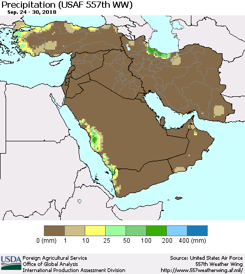 Middle East and Turkey Precipitation (USAF 557th WW) Thematic Map For 9/24/2018 - 9/30/2018