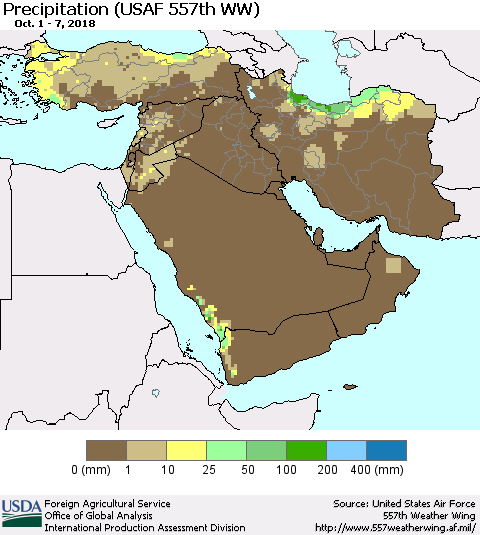 Middle East and Turkey Precipitation (USAF 557th WW) Thematic Map For 10/1/2018 - 10/7/2018