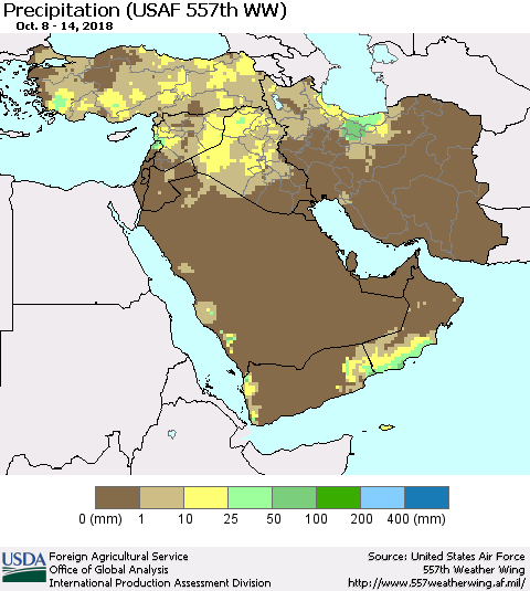 Middle East and Turkey Precipitation (USAF 557th WW) Thematic Map For 10/8/2018 - 10/14/2018