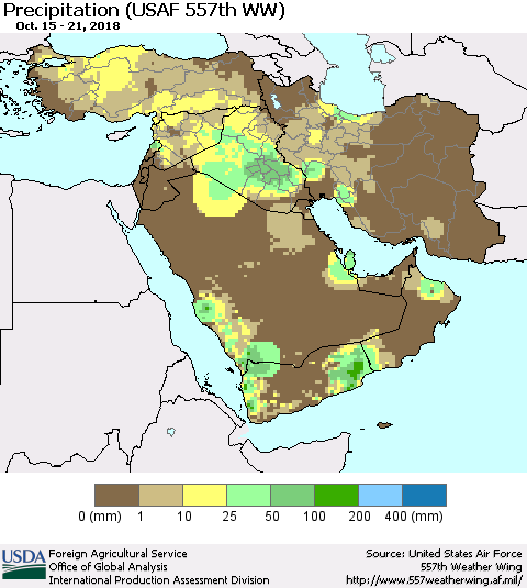 Middle East and Turkey Precipitation (USAF 557th WW) Thematic Map For 10/15/2018 - 10/21/2018