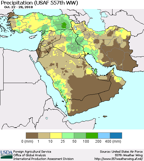 Middle East and Turkey Precipitation (USAF 557th WW) Thematic Map For 10/22/2018 - 10/28/2018