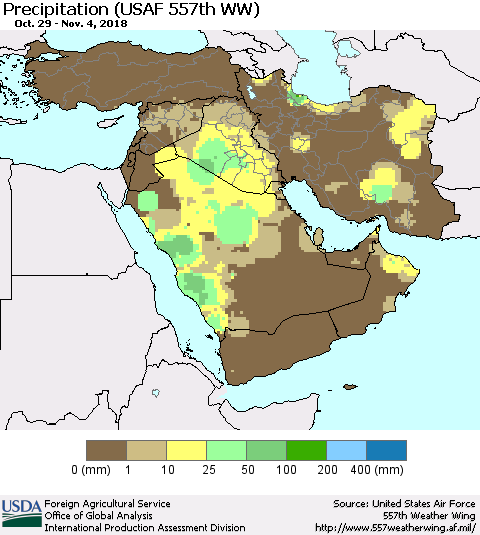 Middle East and Turkey Precipitation (USAF 557th WW) Thematic Map For 10/29/2018 - 11/4/2018