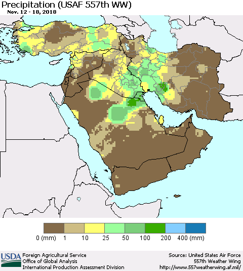 Middle East and Turkey Precipitation (USAF 557th WW) Thematic Map For 11/12/2018 - 11/18/2018