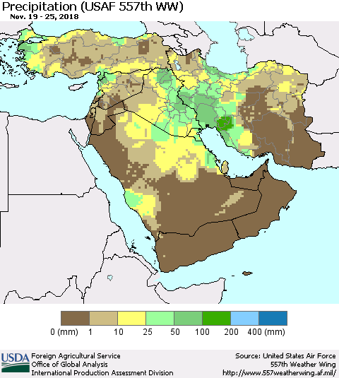 Middle East and Turkey Precipitation (USAF 557th WW) Thematic Map For 11/19/2018 - 11/25/2018