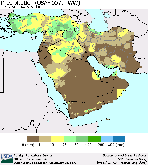 Middle East and Turkey Precipitation (USAF 557th WW) Thematic Map For 11/26/2018 - 12/2/2018