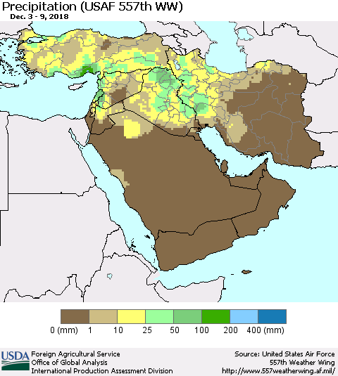 Middle East and Turkey Precipitation (USAF 557th WW) Thematic Map For 12/3/2018 - 12/9/2018
