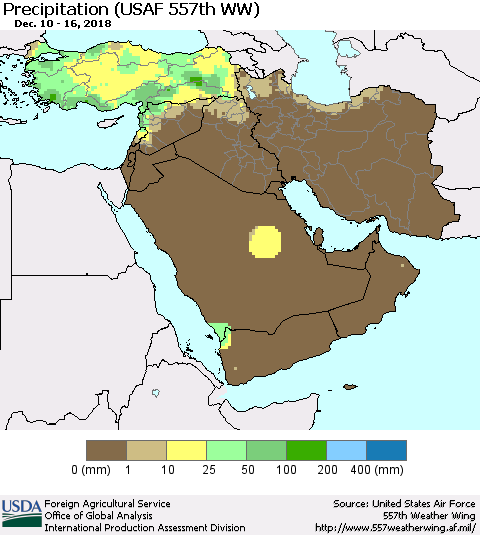 Middle East and Turkey Precipitation (USAF 557th WW) Thematic Map For 12/10/2018 - 12/16/2018