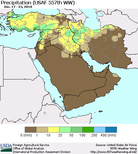 Middle East and Turkey Precipitation (USAF 557th WW) Thematic Map For 12/17/2018 - 12/23/2018
