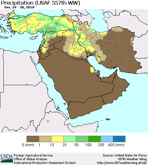 Middle East and Turkey Precipitation (USAF 557th WW) Thematic Map For 12/24/2018 - 12/30/2018