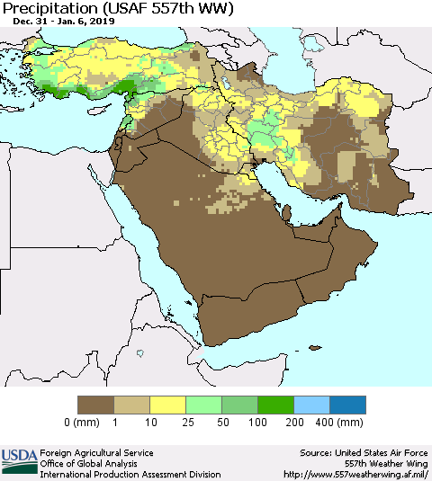 Middle East and Turkey Precipitation (USAF 557th WW) Thematic Map For 12/31/2018 - 1/6/2019