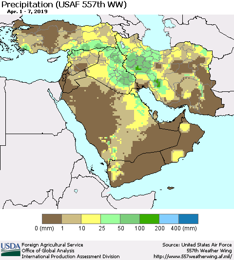 Middle East and Turkey Precipitation (USAF 557th WW) Thematic Map For 4/1/2019 - 4/7/2019