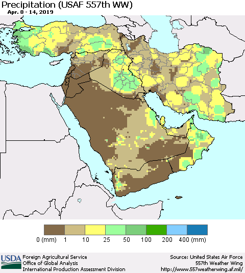 Middle East and Turkey Precipitation (USAF 557th WW) Thematic Map For 4/8/2019 - 4/14/2019