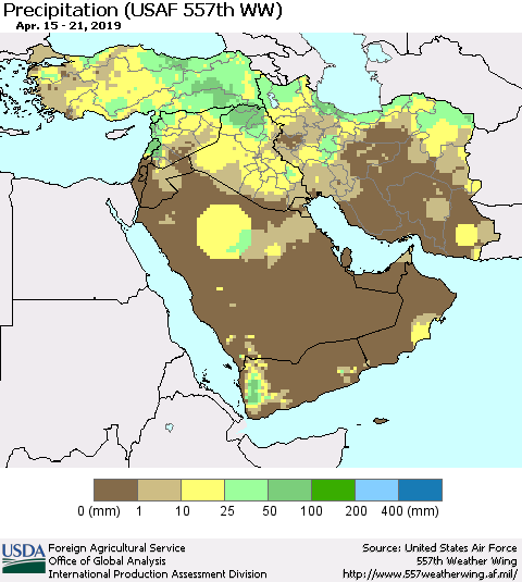Middle East and Turkey Precipitation (USAF 557th WW) Thematic Map For 4/15/2019 - 4/21/2019
