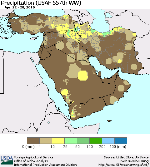 Middle East and Turkey Precipitation (USAF 557th WW) Thematic Map For 4/22/2019 - 4/28/2019