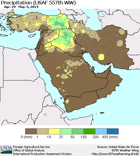 Middle East and Turkey Precipitation (USAF 557th WW) Thematic Map For 4/29/2019 - 5/5/2019