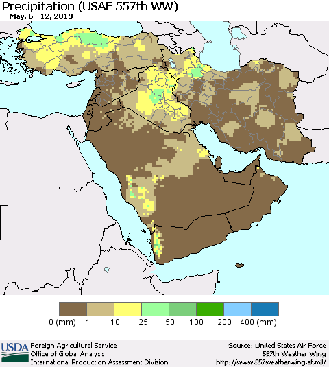 Middle East and Turkey Precipitation (USAF 557th WW) Thematic Map For 5/6/2019 - 5/12/2019