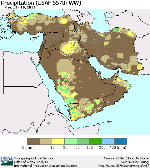 Middle East and Turkey Precipitation (USAF 557th WW) Thematic Map For 5/13/2019 - 5/19/2019