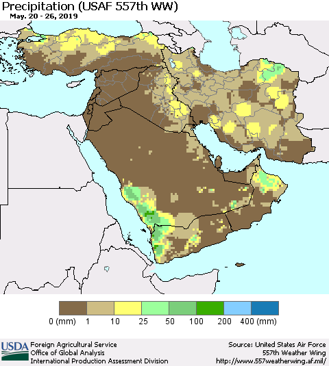Middle East and Turkey Precipitation (USAF 557th WW) Thematic Map For 5/20/2019 - 5/26/2019