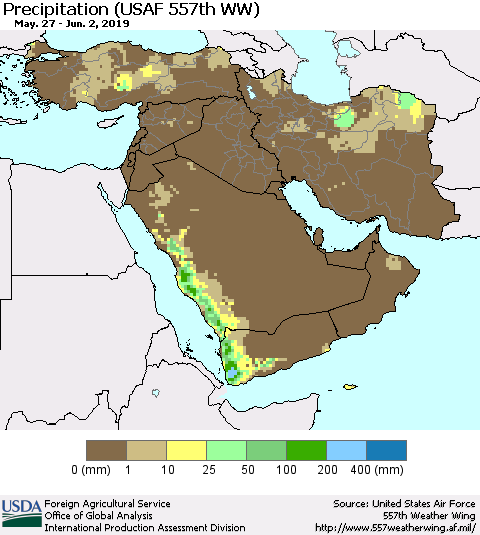Middle East and Turkey Precipitation (USAF 557th WW) Thematic Map For 5/27/2019 - 6/2/2019