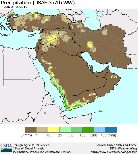 Middle East and Turkey Precipitation (USAF 557th WW) Thematic Map For 6/3/2019 - 6/9/2019