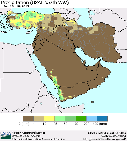 Middle East and Turkey Precipitation (USAF 557th WW) Thematic Map For 6/10/2019 - 6/16/2019