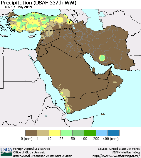 Middle East and Turkey Precipitation (USAF 557th WW) Thematic Map For 6/17/2019 - 6/23/2019