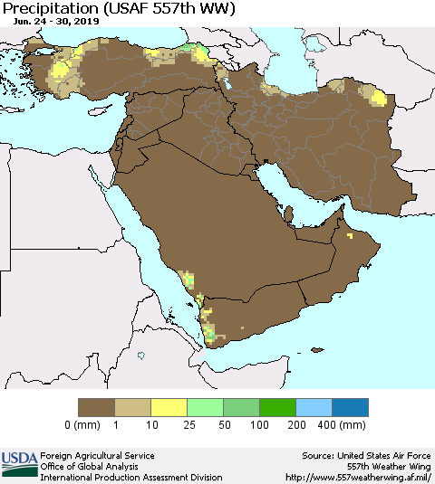 Middle East and Turkey Precipitation (USAF 557th WW) Thematic Map For 6/24/2019 - 6/30/2019
