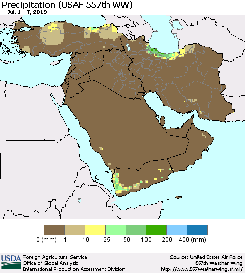 Middle East and Turkey Precipitation (USAF 557th WW) Thematic Map For 7/1/2019 - 7/7/2019