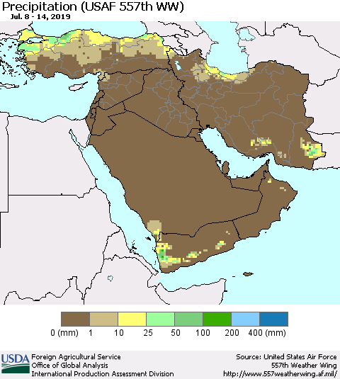 Middle East and Turkey Precipitation (USAF 557th WW) Thematic Map For 7/8/2019 - 7/14/2019