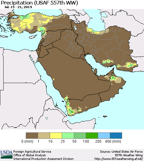 Middle East and Turkey Precipitation (USAF 557th WW) Thematic Map For 7/15/2019 - 7/21/2019