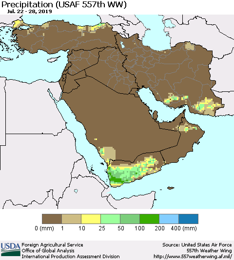 Middle East and Turkey Precipitation (USAF 557th WW) Thematic Map For 7/22/2019 - 7/28/2019