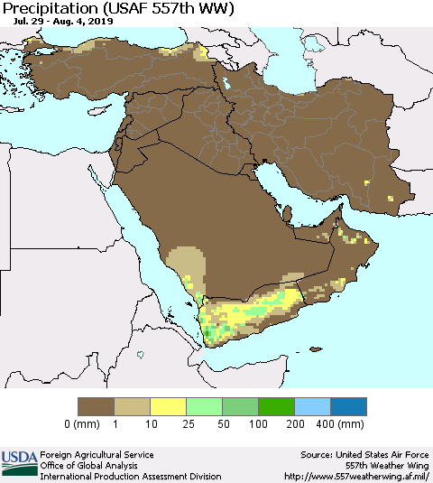 Middle East and Turkey Precipitation (USAF 557th WW) Thematic Map For 7/29/2019 - 8/4/2019