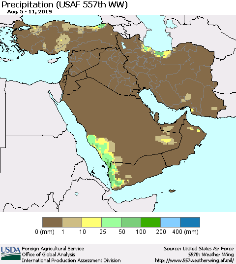 Middle East and Turkey Precipitation (USAF 557th WW) Thematic Map For 8/5/2019 - 8/11/2019