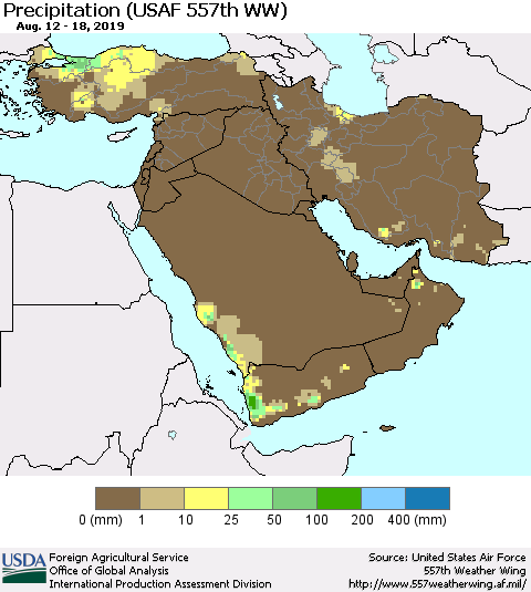 Middle East and Turkey Precipitation (USAF 557th WW) Thematic Map For 8/12/2019 - 8/18/2019