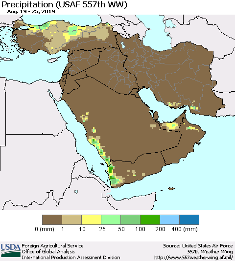 Middle East and Turkey Precipitation (USAF 557th WW) Thematic Map For 8/19/2019 - 8/25/2019