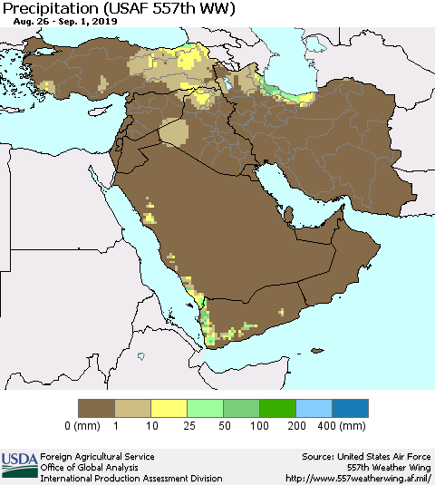 Middle East and Turkey Precipitation (USAF 557th WW) Thematic Map For 8/26/2019 - 9/1/2019
