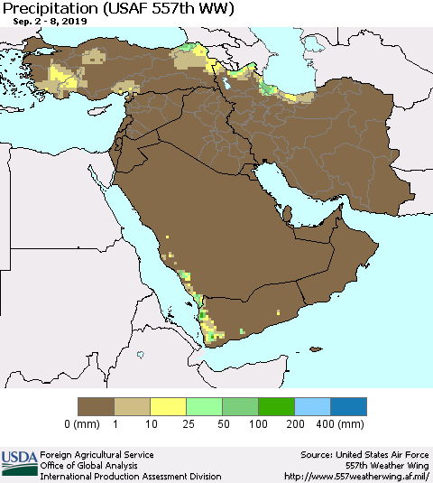Middle East and Turkey Precipitation (USAF 557th WW) Thematic Map For 9/2/2019 - 9/8/2019