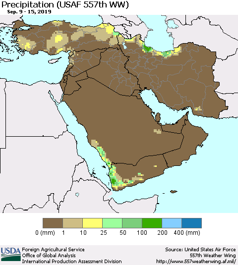Middle East and Turkey Precipitation (USAF 557th WW) Thematic Map For 9/9/2019 - 9/15/2019