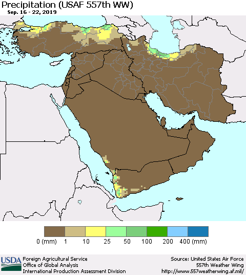 Middle East and Turkey Precipitation (USAF 557th WW) Thematic Map For 9/16/2019 - 9/22/2019