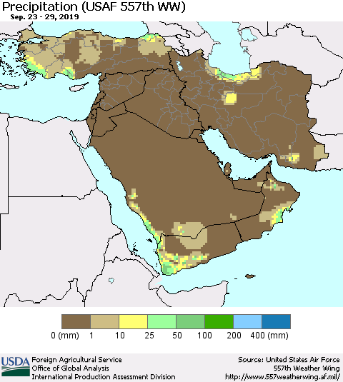Middle East and Turkey Precipitation (USAF 557th WW) Thematic Map For 9/23/2019 - 9/29/2019