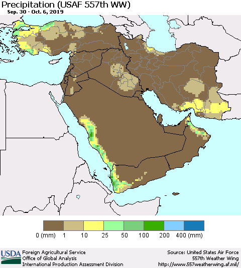 Middle East and Turkey Precipitation (USAF 557th WW) Thematic Map For 9/30/2019 - 10/6/2019