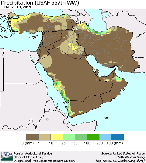 Middle East and Turkey Precipitation (USAF 557th WW) Thematic Map For 10/7/2019 - 10/13/2019